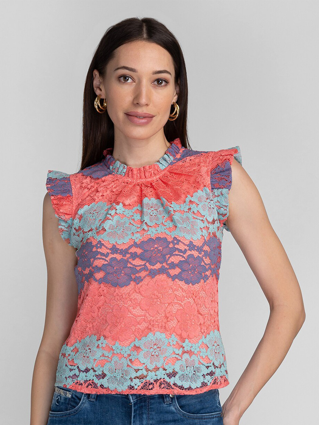 Globus Coral & Sea Green Self Design Lace Top