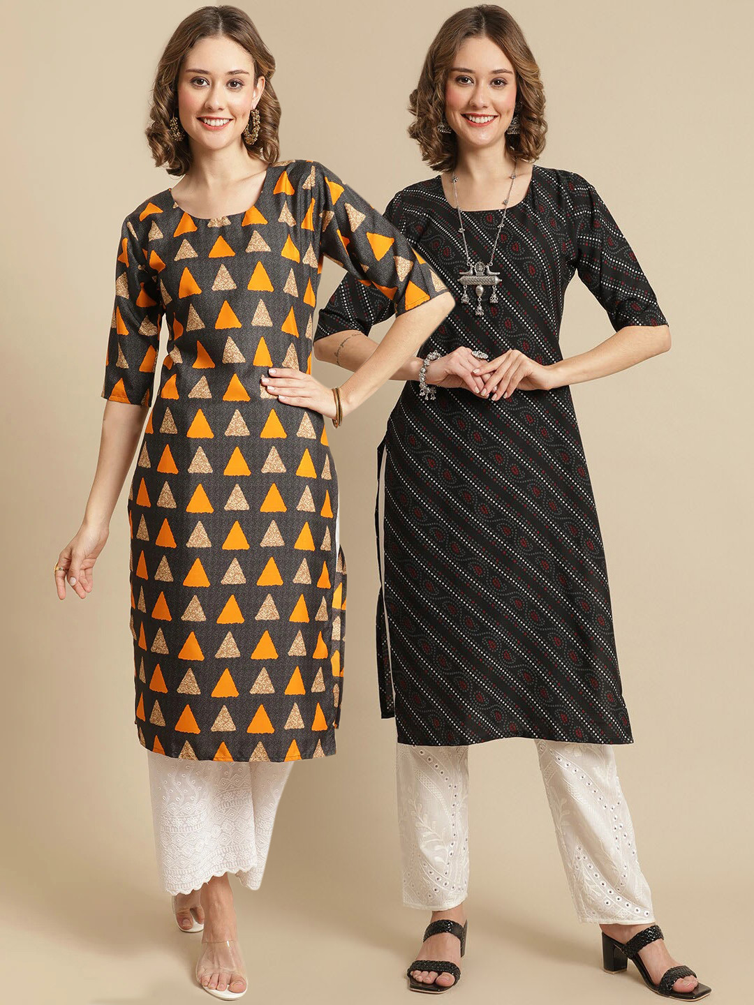 7Threads Pack Of 2 Geometric Printed Block Print A-Line Regular Kurtas