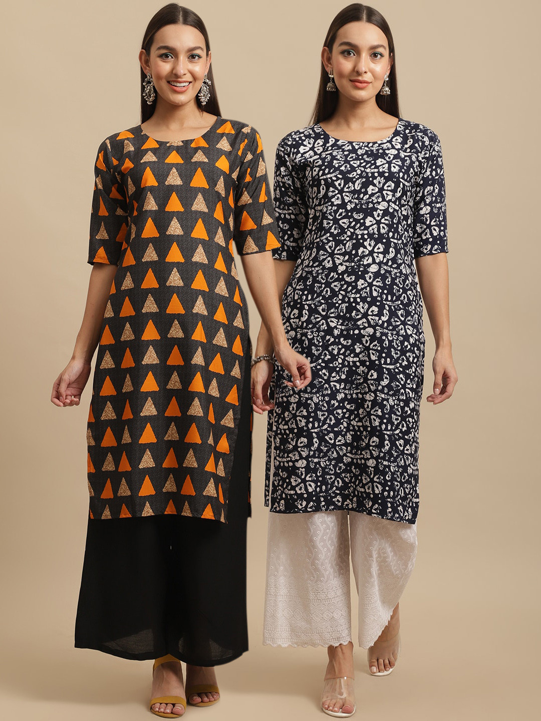 7Threads Geometric Printed Crepe Straight Panelled Kurta