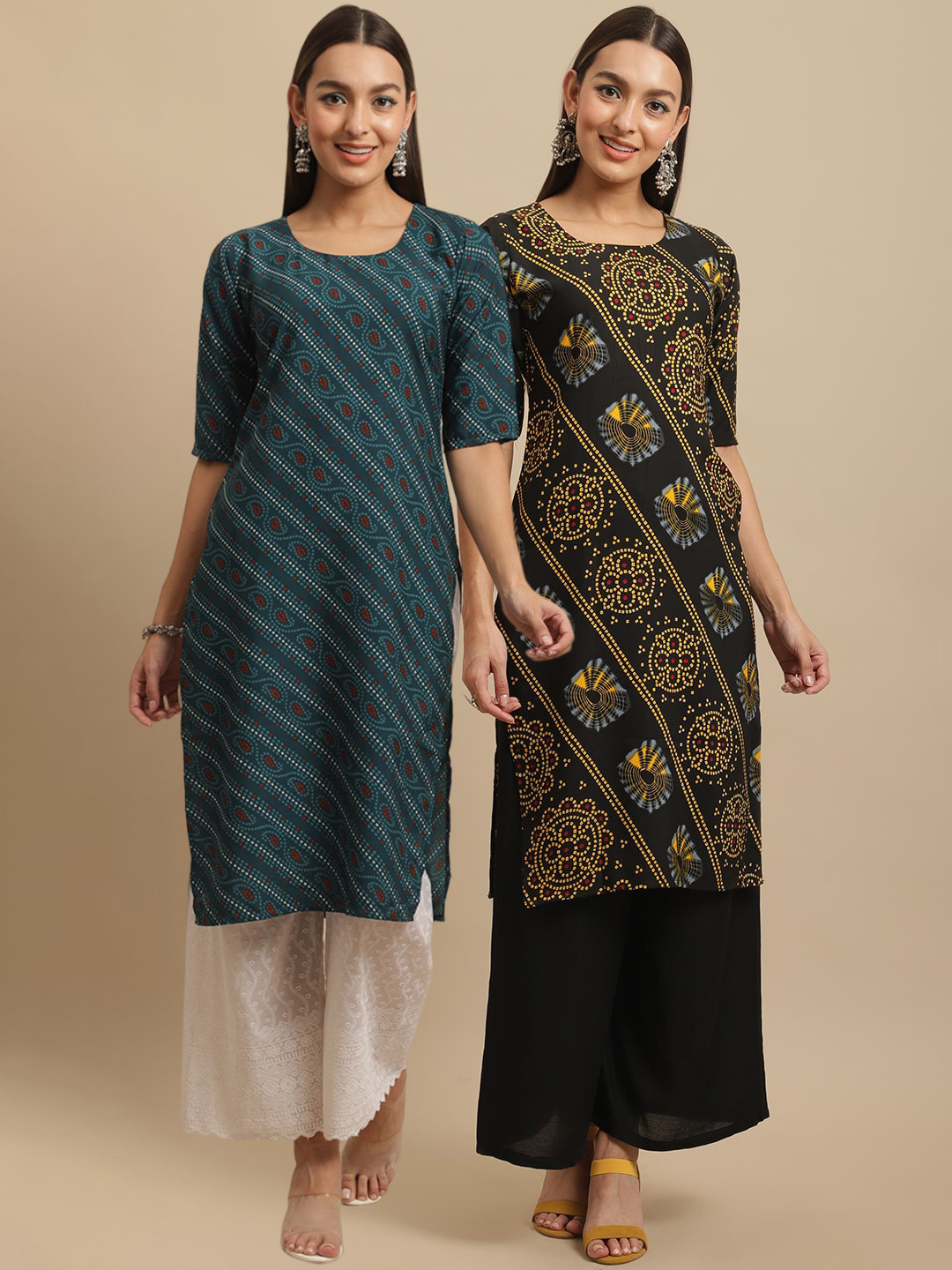 7Threads Women Blue & Black Striped Block Print Handloom Crepe Cotton Kurta