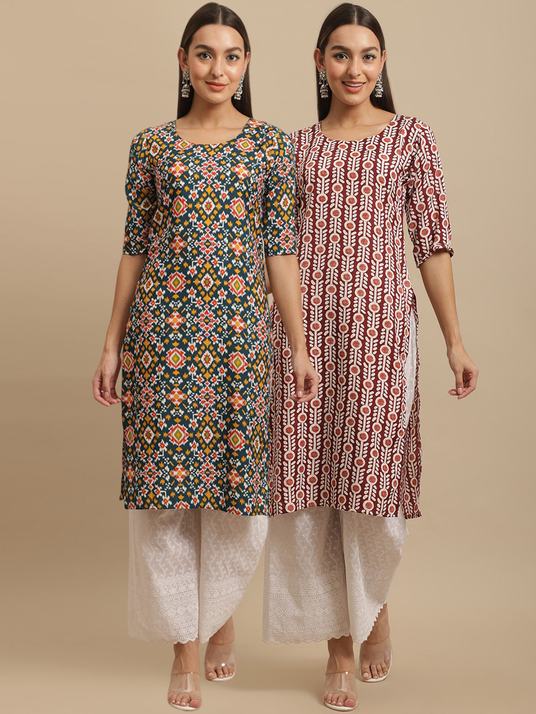 7Threads Pack of 2 Digital Ethnic Motifs Printed Straight Kurtas