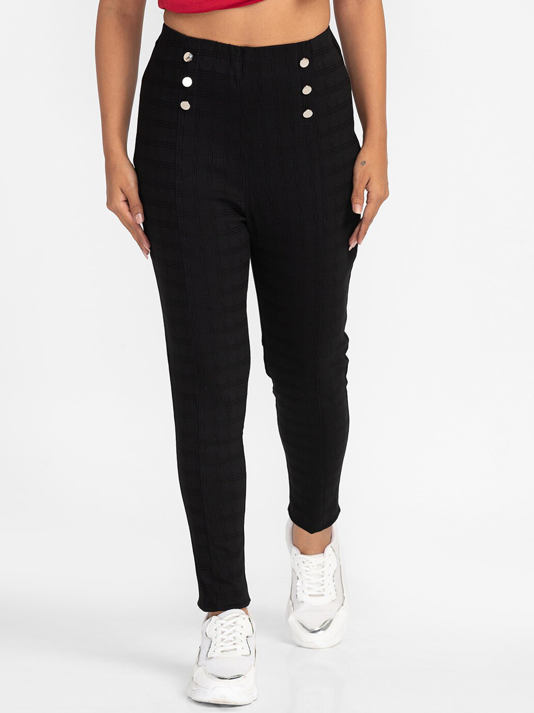Globus Women Black Checked Skinny Fit High-Rise Cropped Peg Trousers