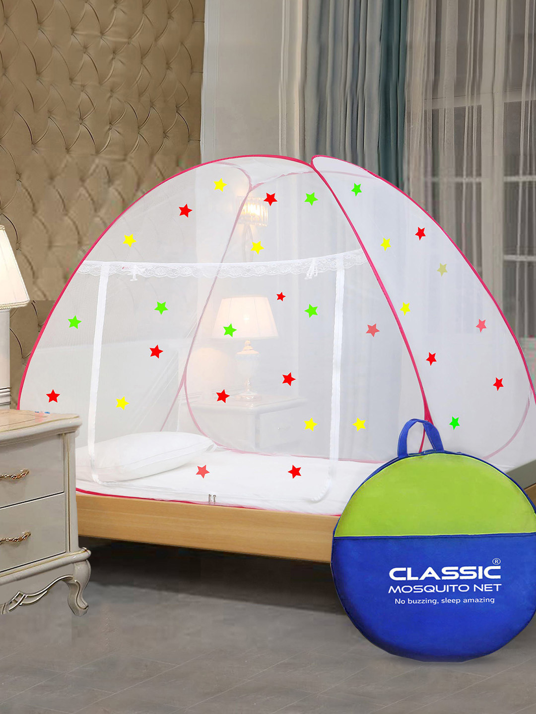 Classic Mosquito Net White & Pink Printed Solid Mosquito Net
