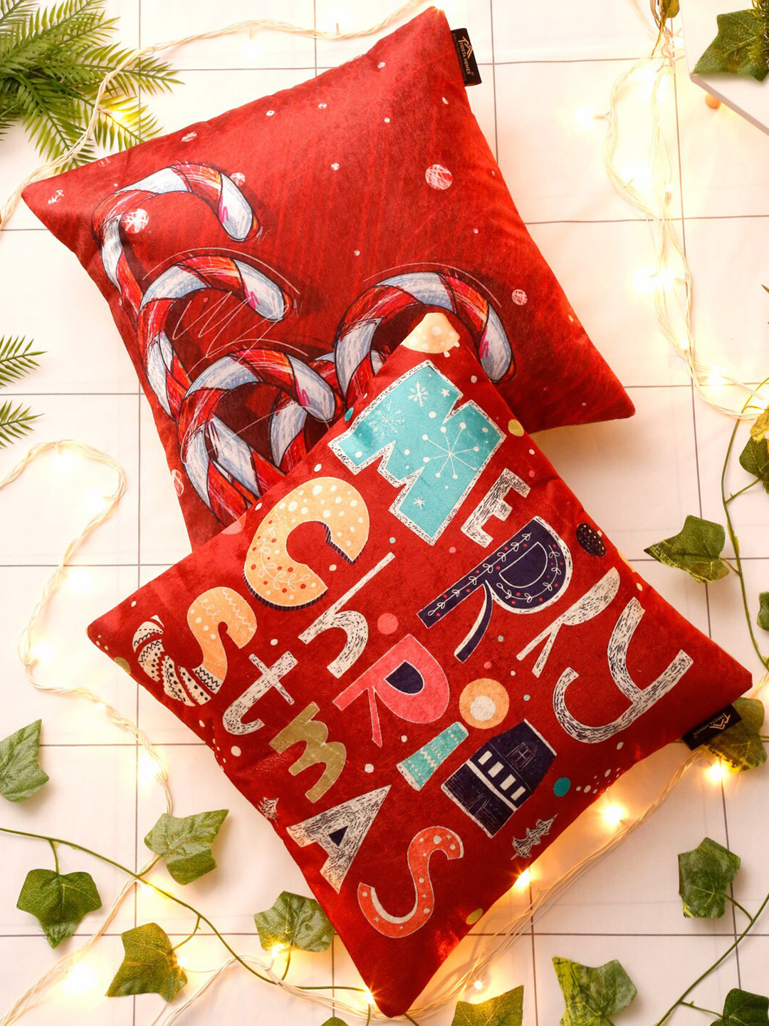 HOSTA HOMES Red & White Set of 2 Christmas Printed Velvet Square Cushion Covers