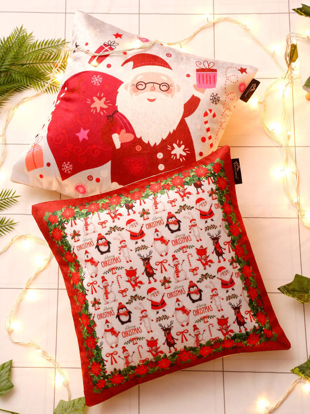 HOSTA HOMES Red & White Set of 2 Christmas Theme Velvet Square Cushion Covers