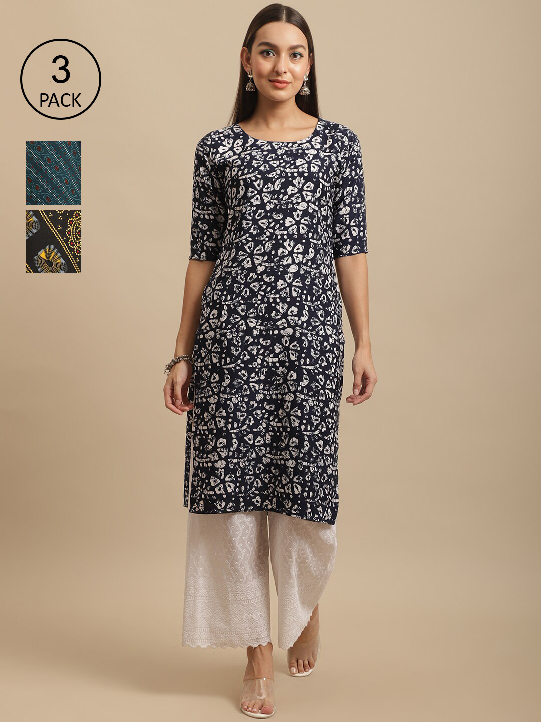 7Threads Pack Of 2 Geometric Ethnic Motifs Printed Round Neck Crepe Kurta