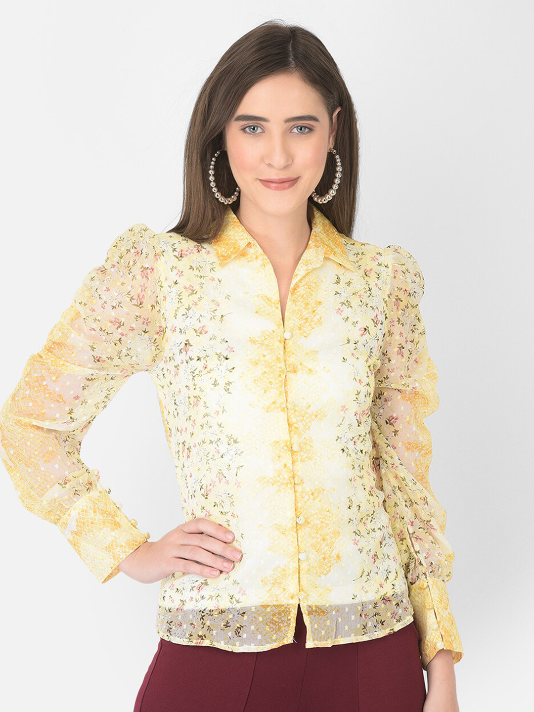 Latin Quarters Yellow Floral Print Shirt Style Top