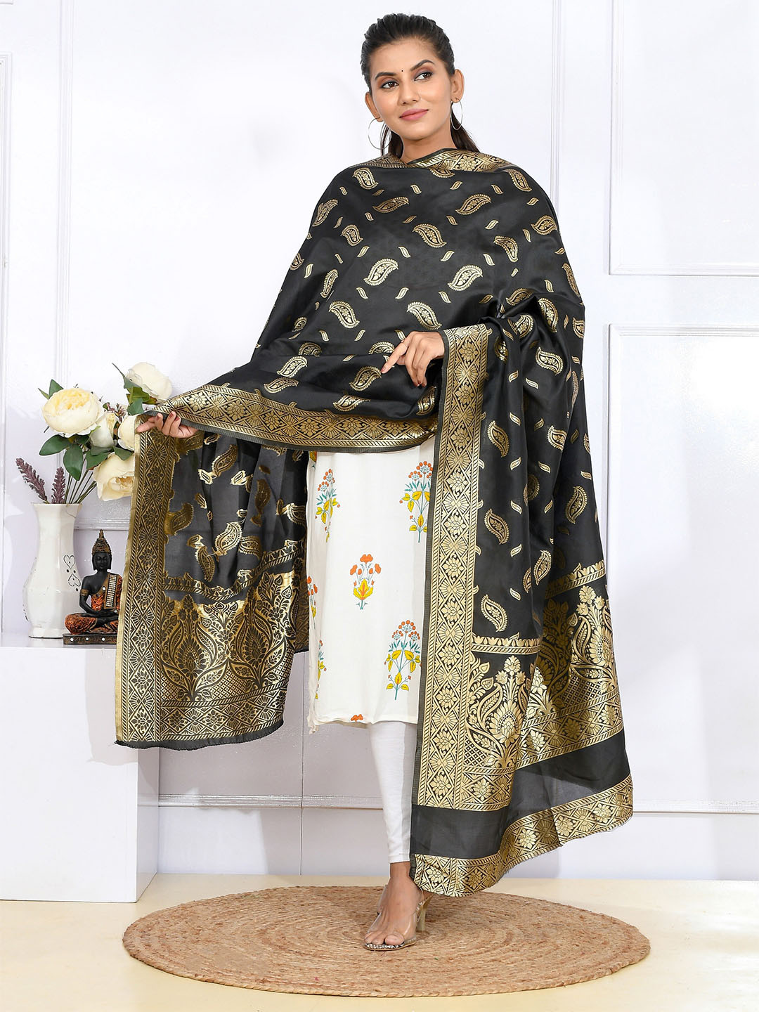 Kesarya Men Black & Gold-Toned Ethnic Motifs Woven Design Pure Silk Banarasi Dupatta