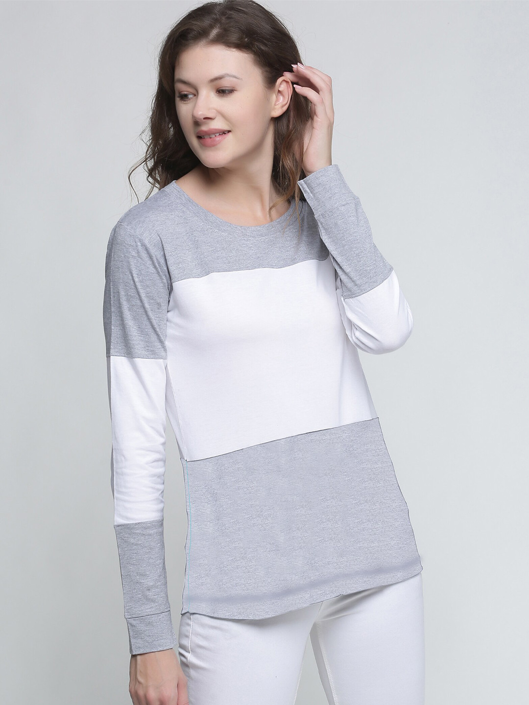 Trends Tower Women Grey Melange & White Colourblocked Pure Cotton T-shirt