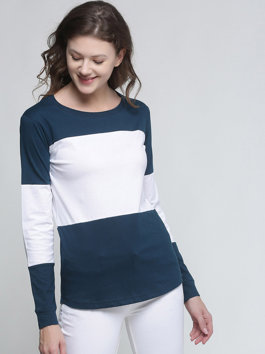 Trends Tower Women Green & White Colourblocked Pure Cotton T-shirt