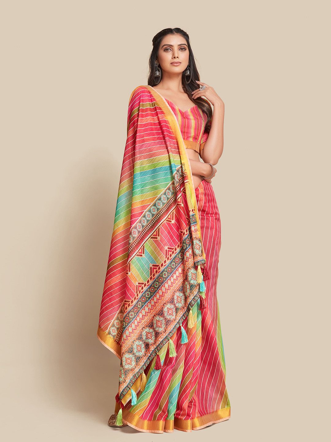 Sangria Red & Green Geometric Printed Saree