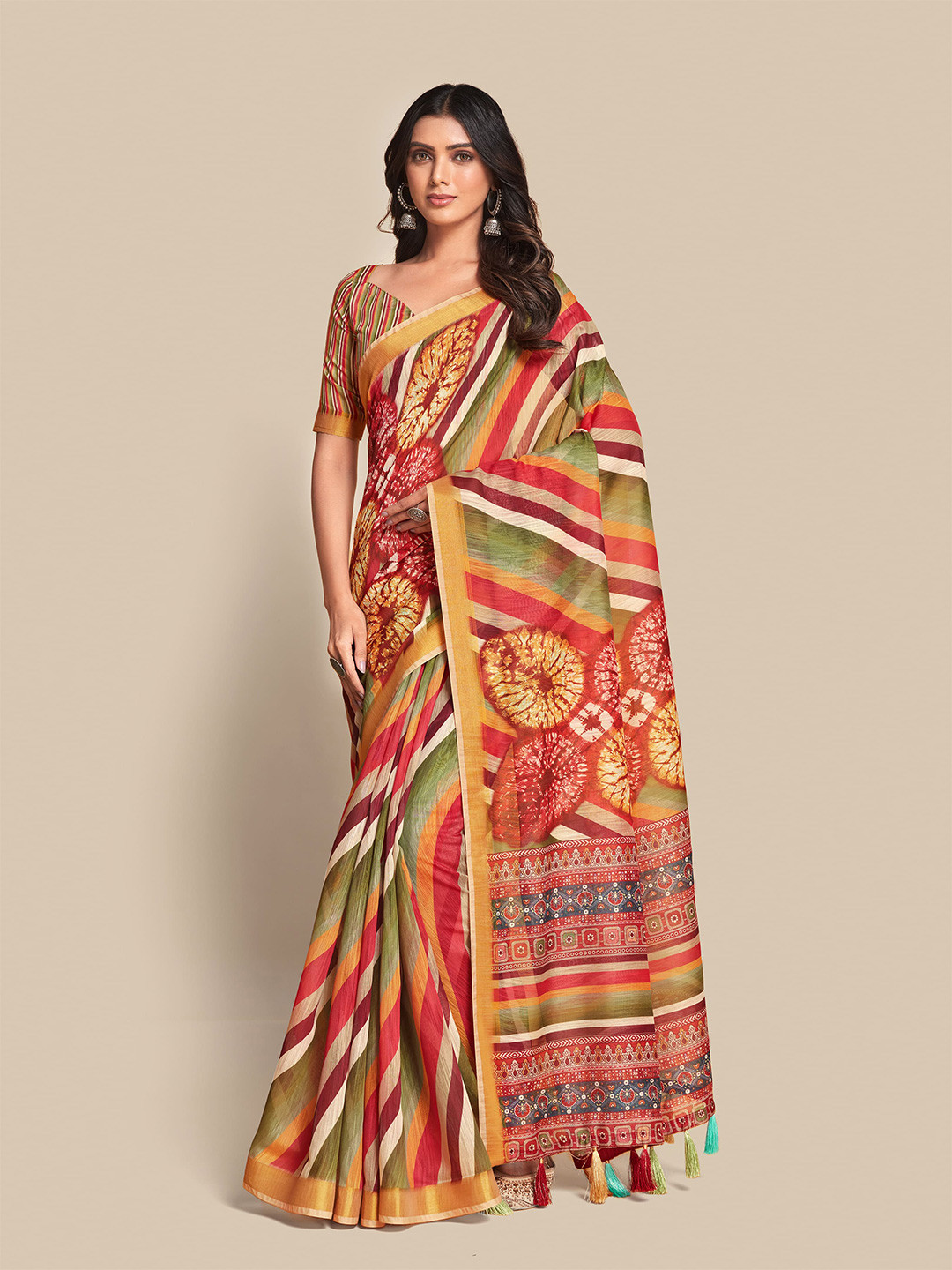 Sangria Red & Green Leheriya Saree