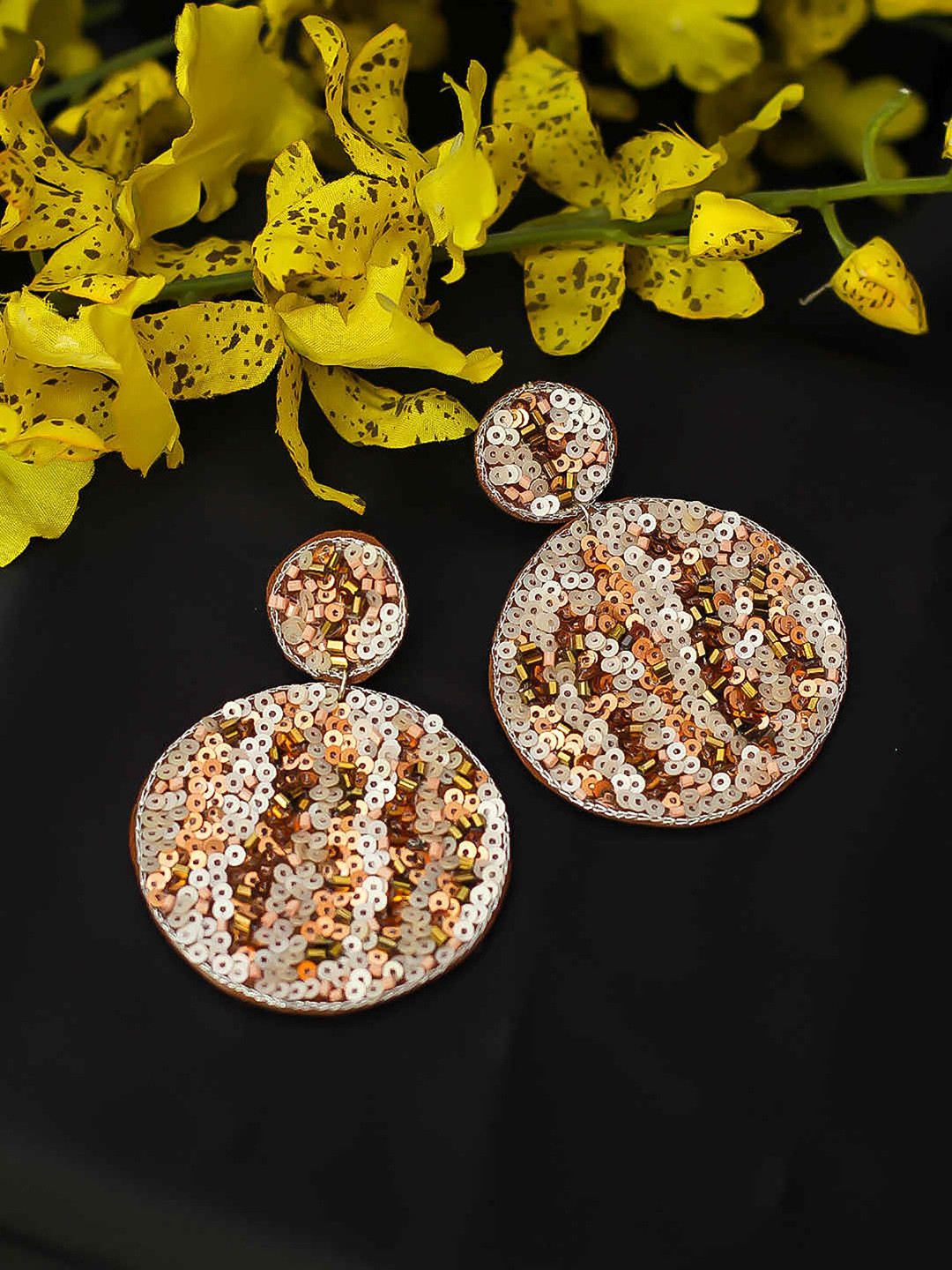 Bellofox Copper-Toned & White Sequined Fabric Circular Drop Earrings