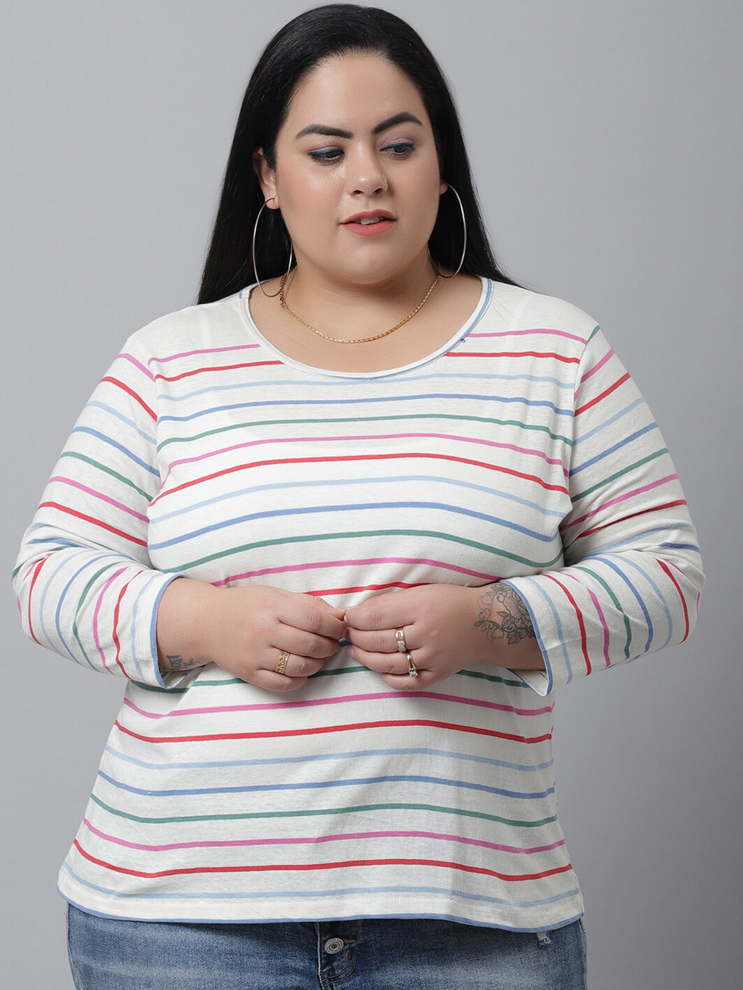 Rute Women White Striped Pure Cotton T-shirt
