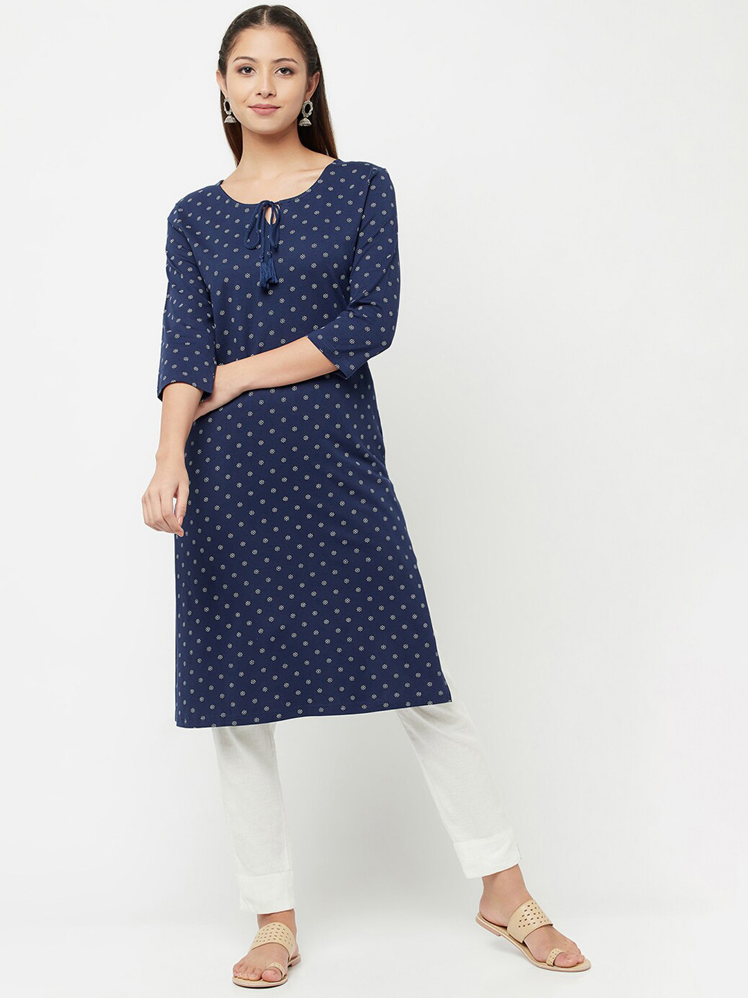 Espresso Floral Printed Keyhole Neck A-Line Regular Cotton Kurta