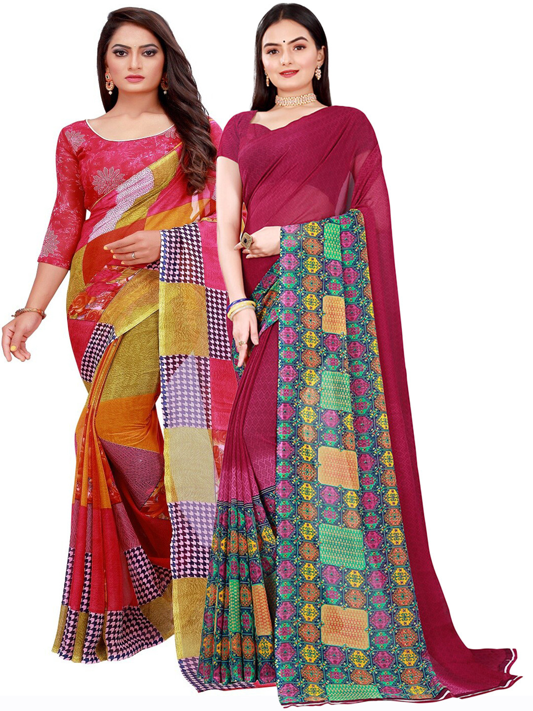 Silk Bazar Pack of 2 Red & Maroon Pure Georgette Saree