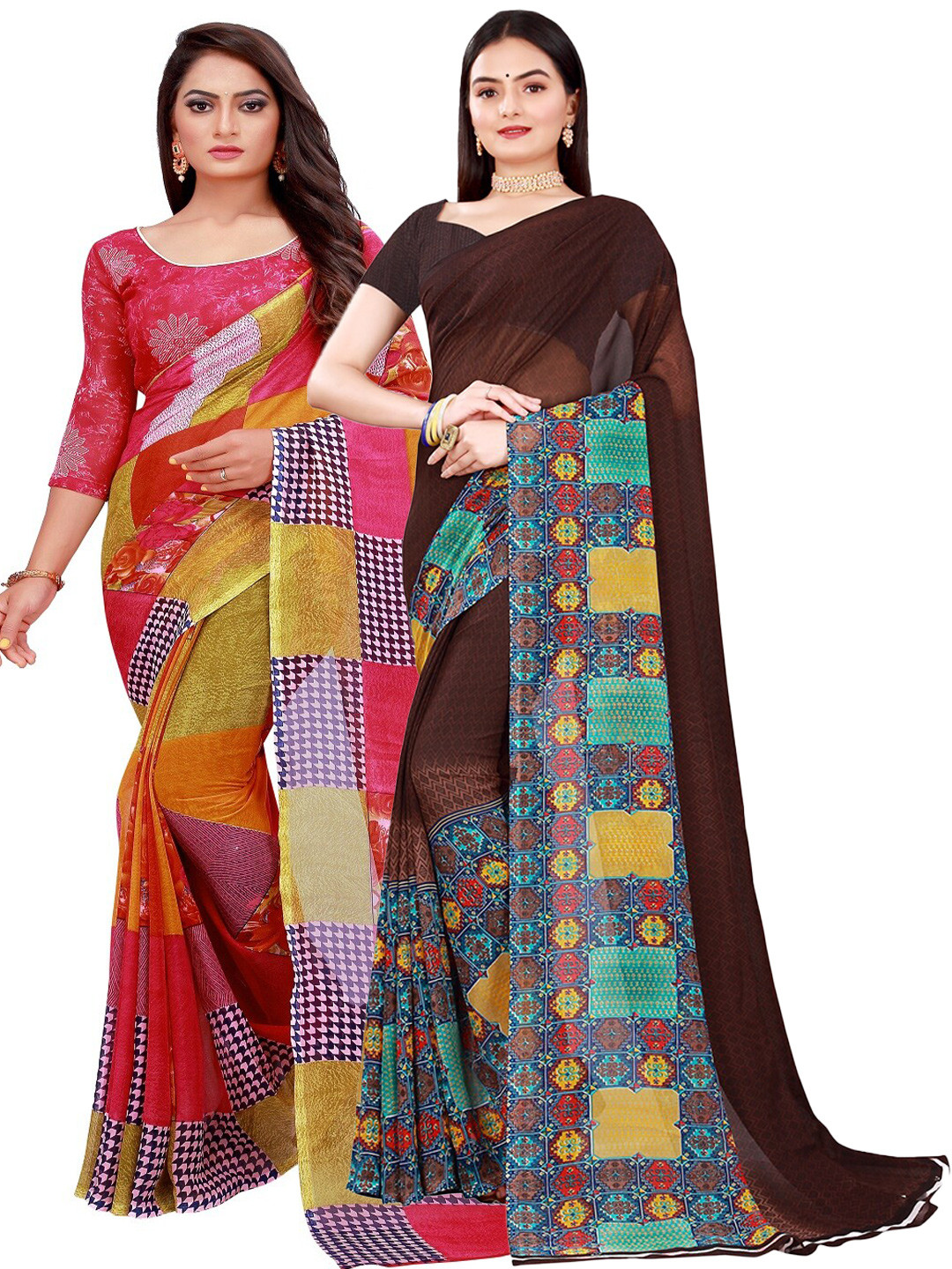 Silk Bazar Pack of 2 Brown & Pink Pure Georgette Saree