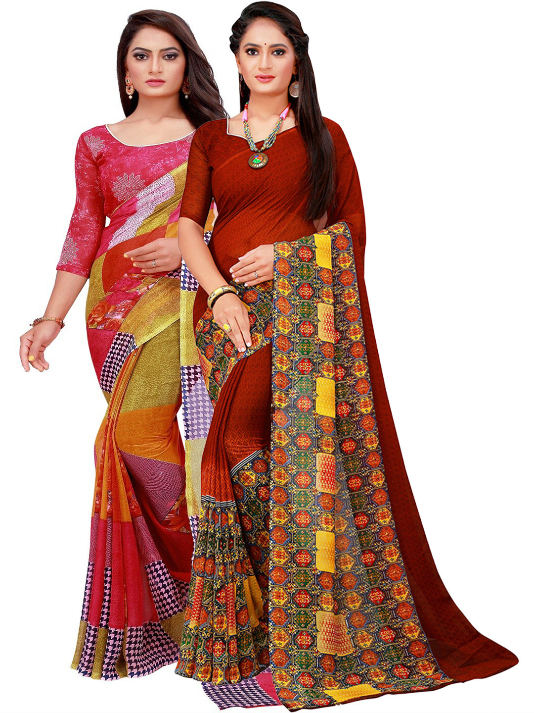Silk Bazar Pack of 2 Red & Maroon Pure Georgette Saree