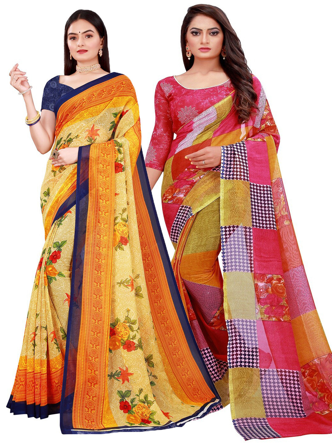 Silk Bazar Beige & Green Pack of 2 Pure Georgette Sarees