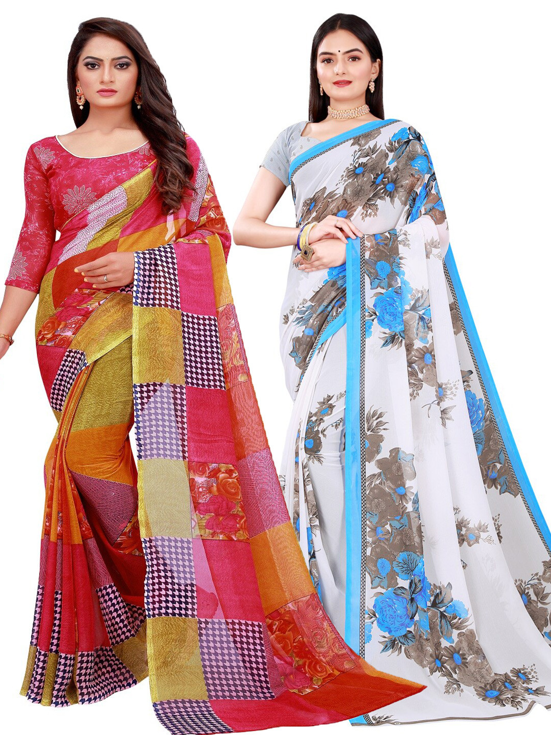 Silk Bazar Red & White Pack of 2 Floral Pure Georgette Saree