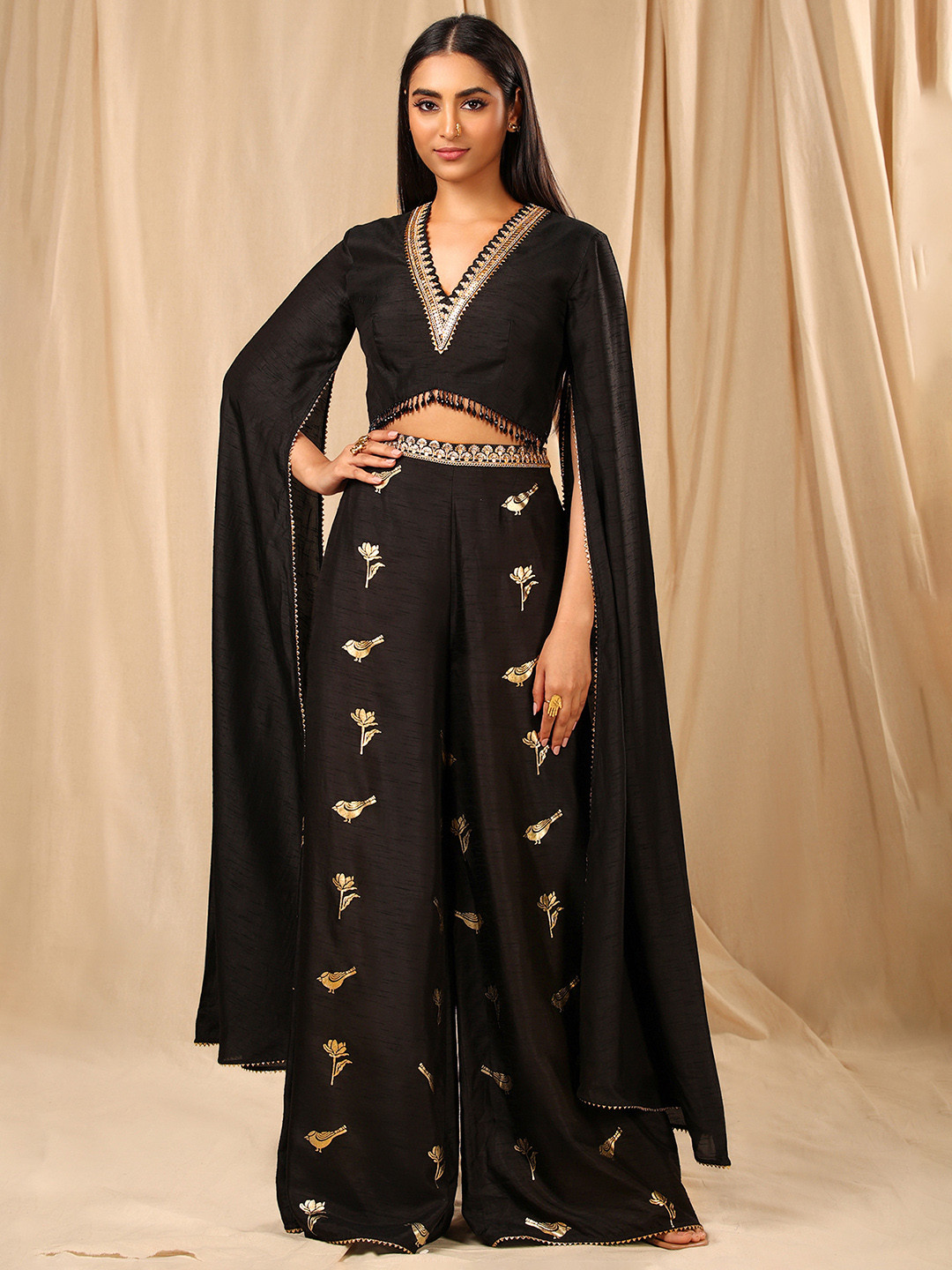 Masaba Women Floral Embroidered Beads and Stones Raw Silk Top with Palazzos