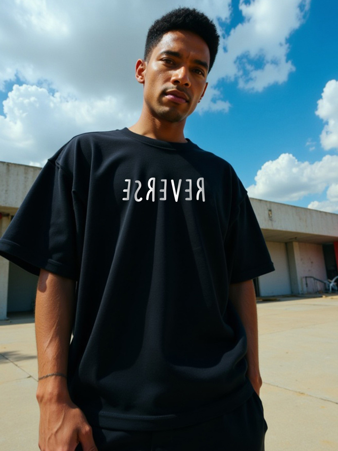 Mad Over Print Men Black Typography Printed Oversized Cotton T-shirt