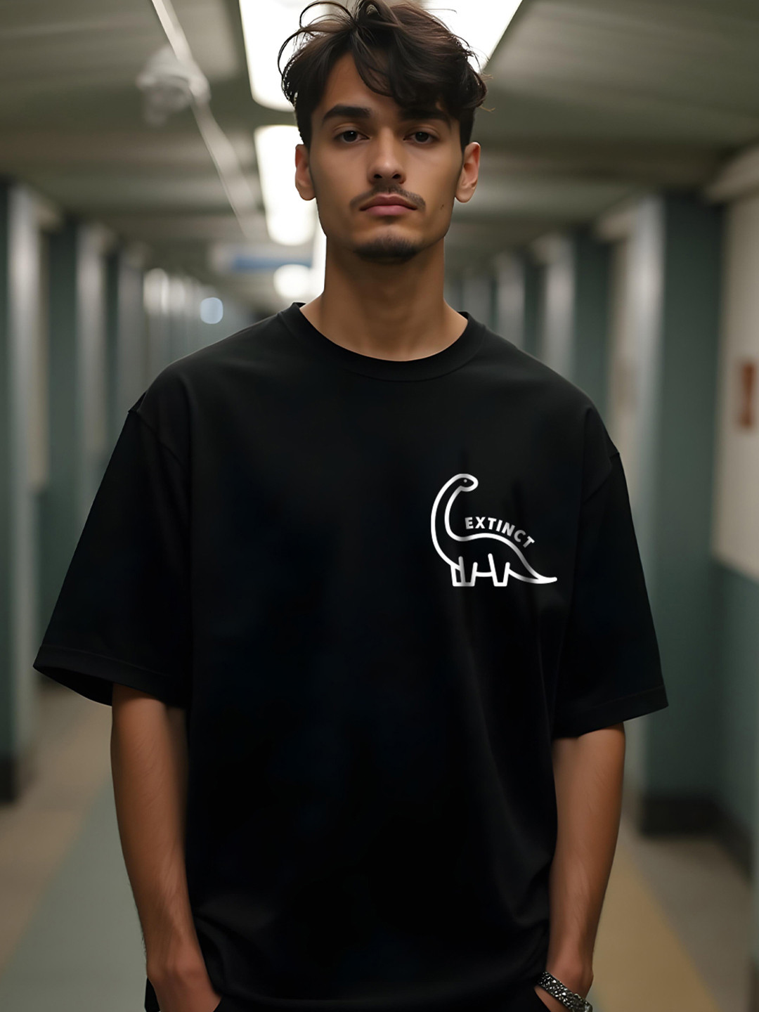 Mad Over Print Men Black Typography Printed Drop-Shoulder Sleeves Oversized Cotton T-shirt