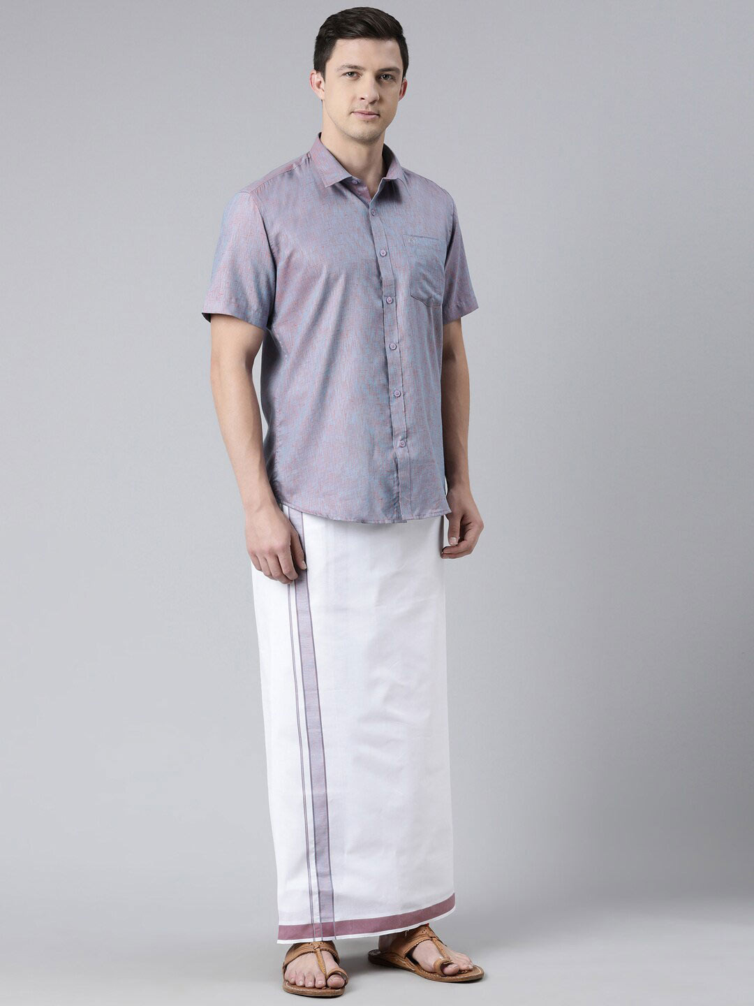 Chennis Men Violet & White Pure Cotton Shirt with Dhoti Set