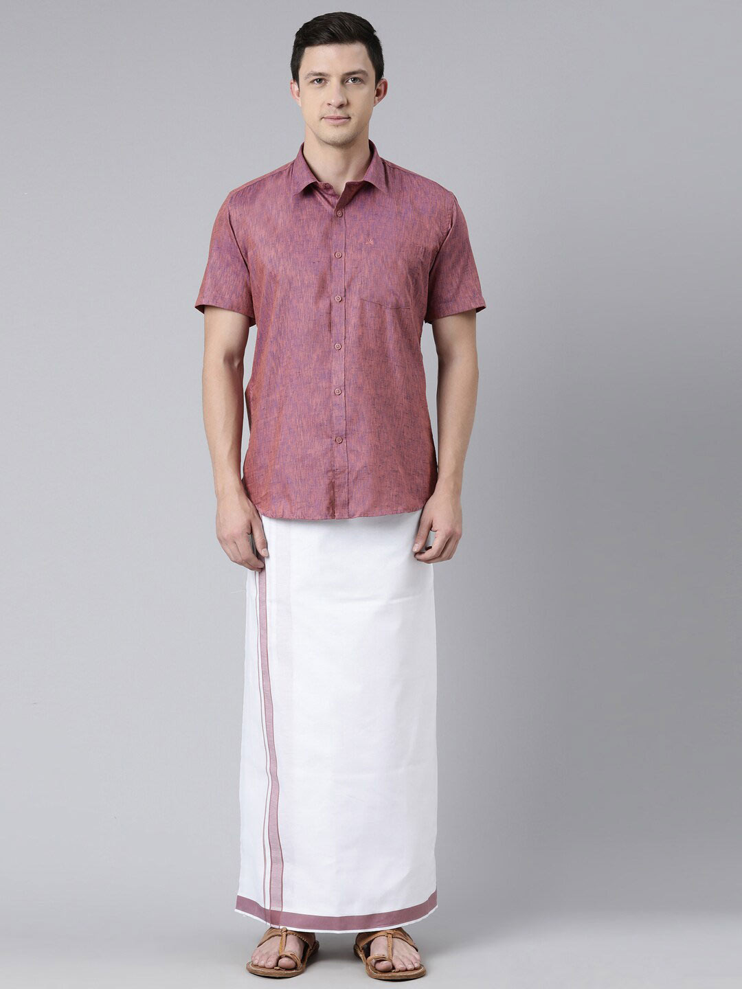 Chennis Men Purple & White Pure Cotton Shirt with Dhoti Set