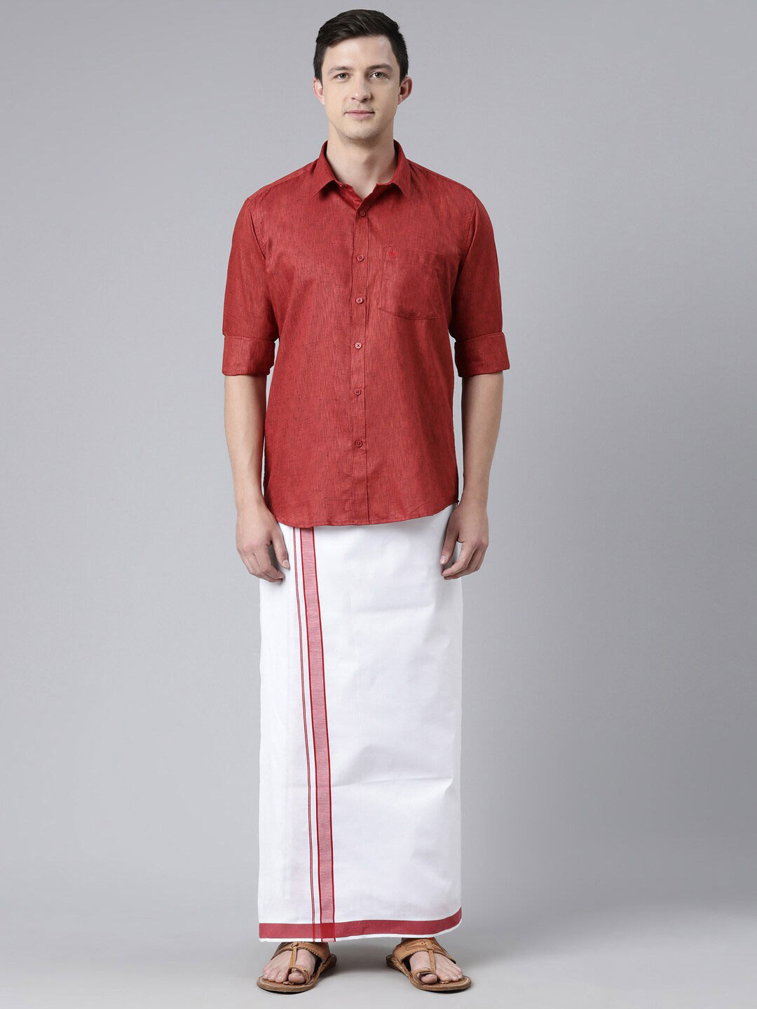 Chennis Men Red & White Pure Cotton Shirt with Dhoti Set