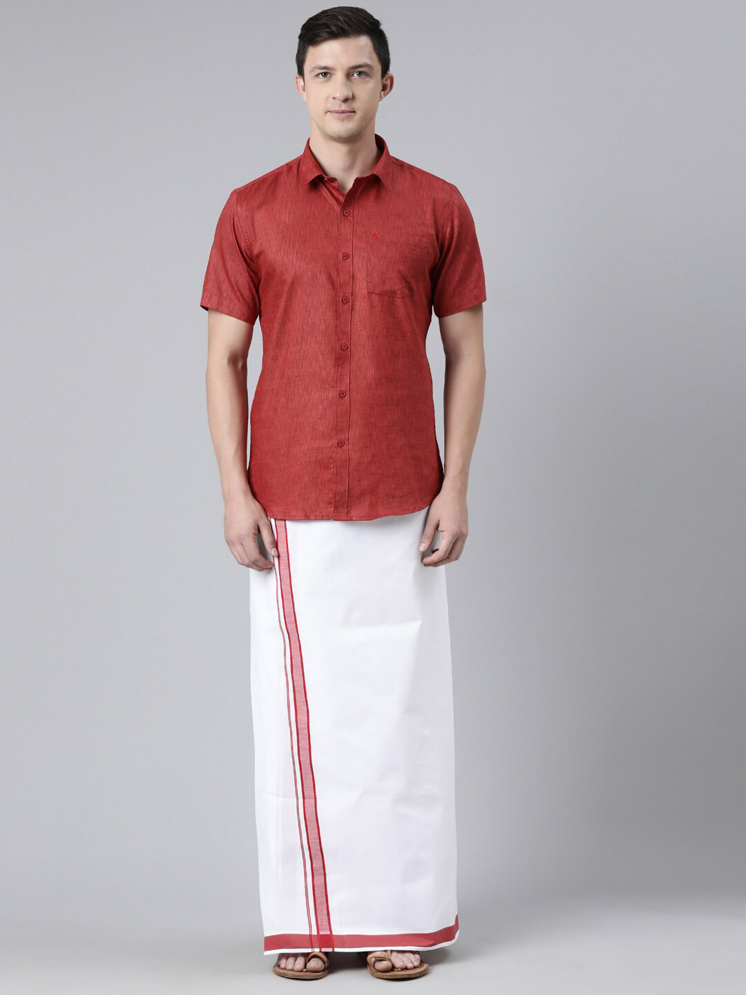 Chennis Men Red & White Pure Cotton Shirt with Dhoti Set