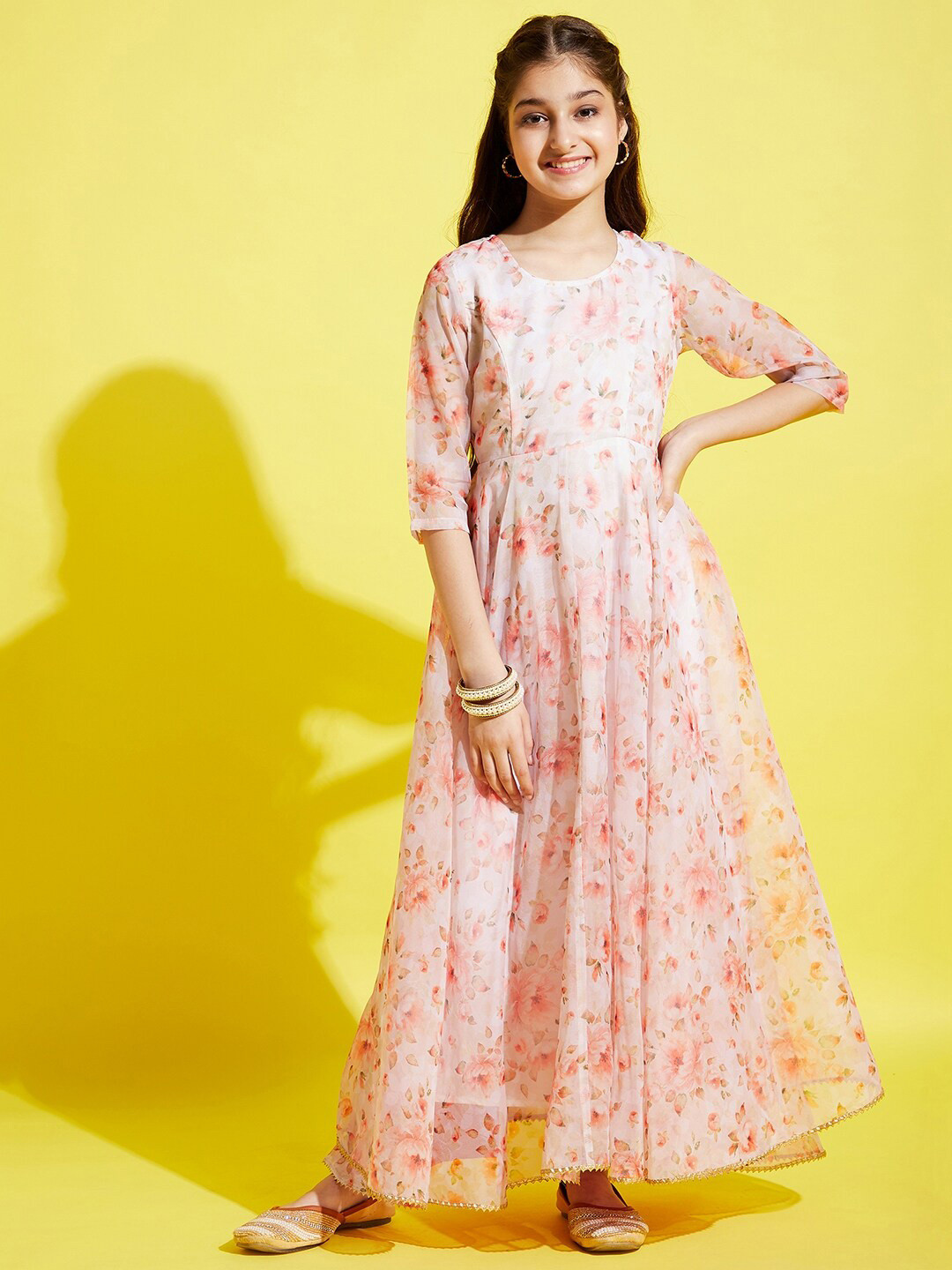Cherry & Jerry Cream-Coloured & Peach-Coloured Floral Maxi Dress
