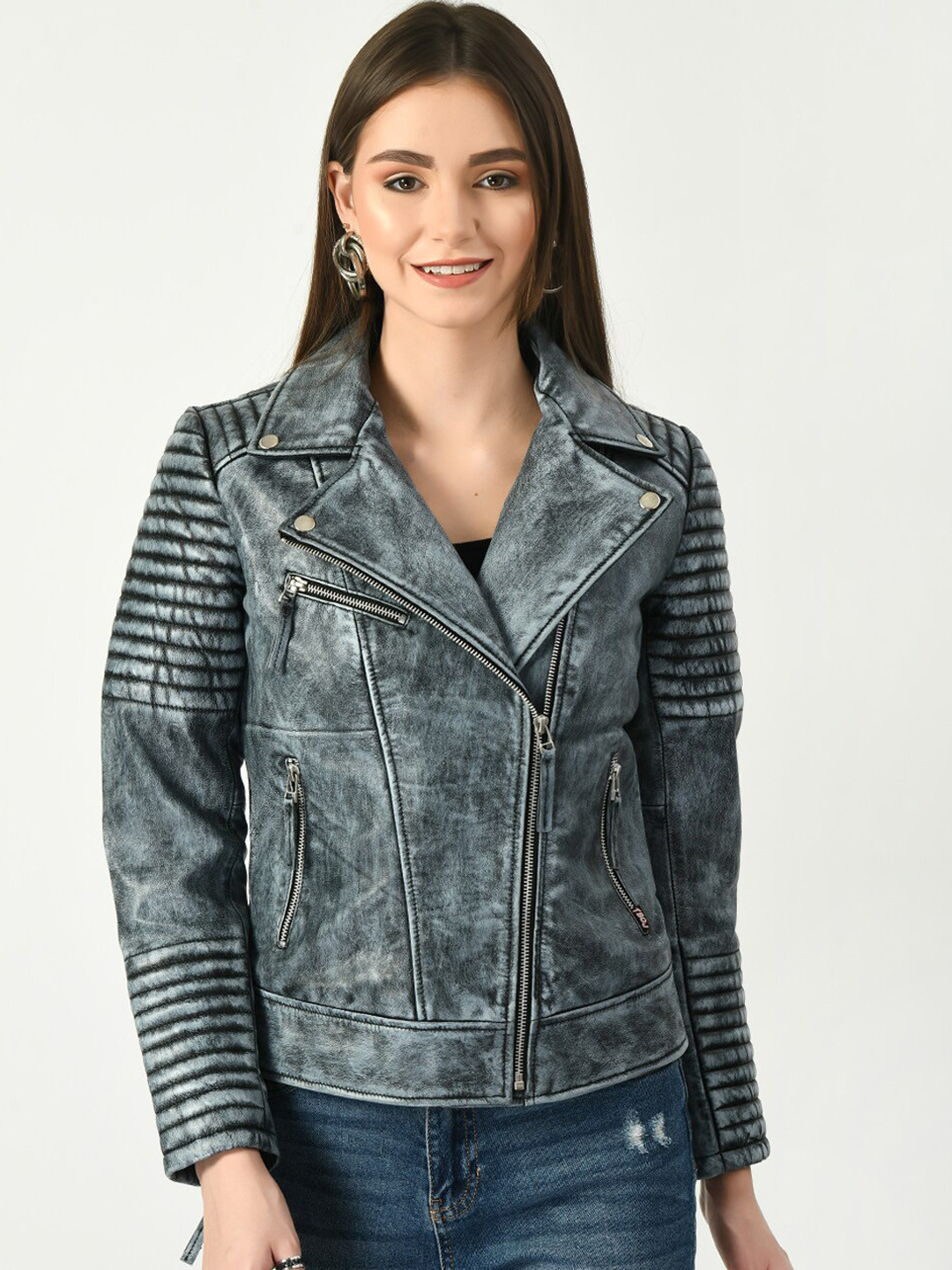 TBOJ Women Blue Camouflage Leather Lightweight Leather Jacket