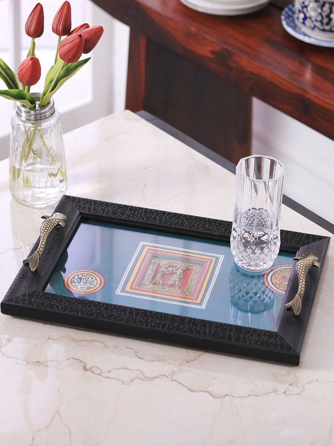 VarEesha Blue Rectangular Hand-Painted Acrylic Tray