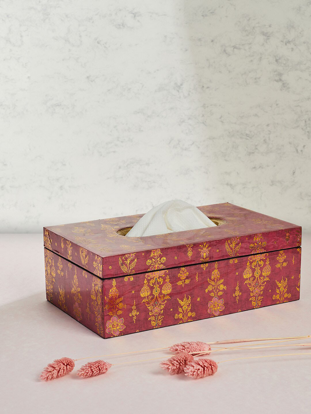 Fabindia Red Printed Wooden Tissue Paper Box
