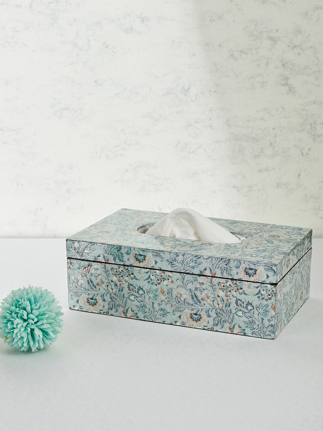 Fabindia Blue & Grey Wooden Printed Tissue Holder
