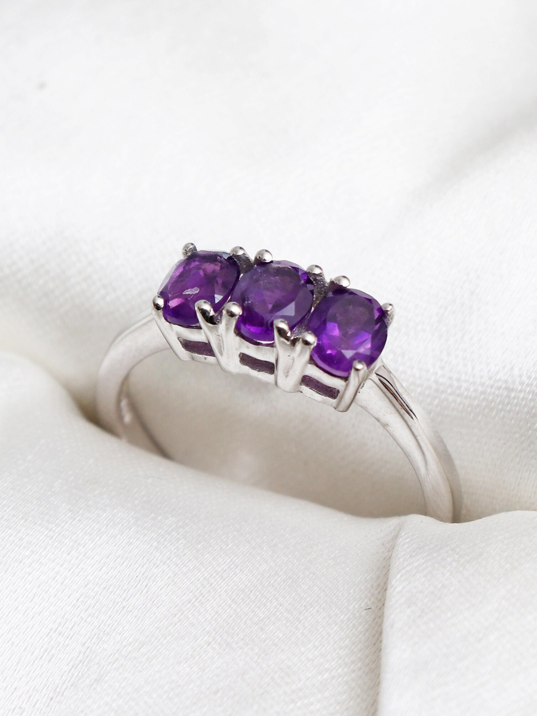 HIFLYER JEWELS Women Sterling Silver Purple Trio stone-Studded Finger Ring