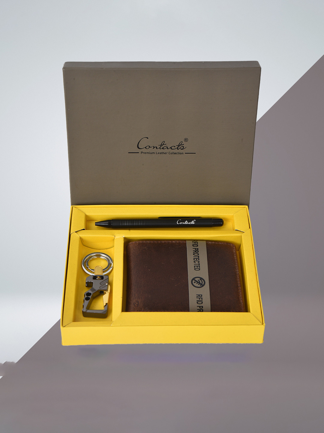 CONTACTS Men Brown Wallet with Keychain & Pen Gift Set