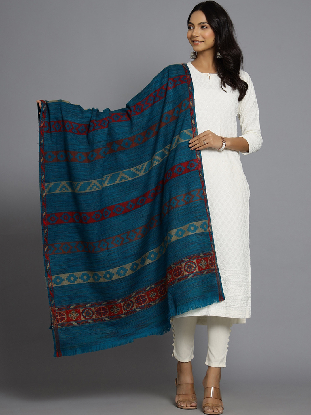HANDICRAFT PALACE Women Turquoise Blue  Abstract Hand Woven-Design Shawl
