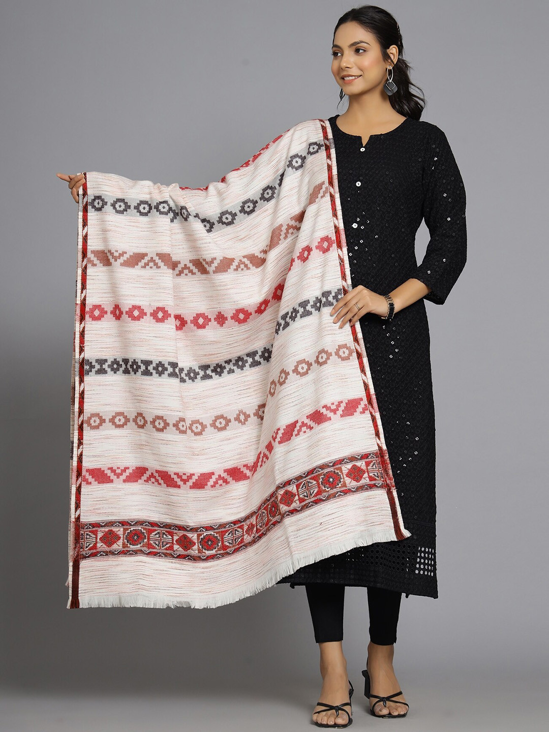 HANDICRAFT PALACE Women White Woven-Design Shawl