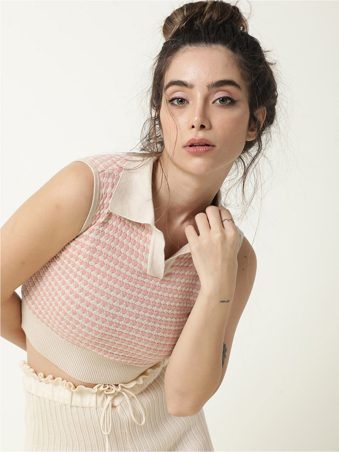 RAREISM Women Beige & Pink Cable Knit Crop Sweater Vest