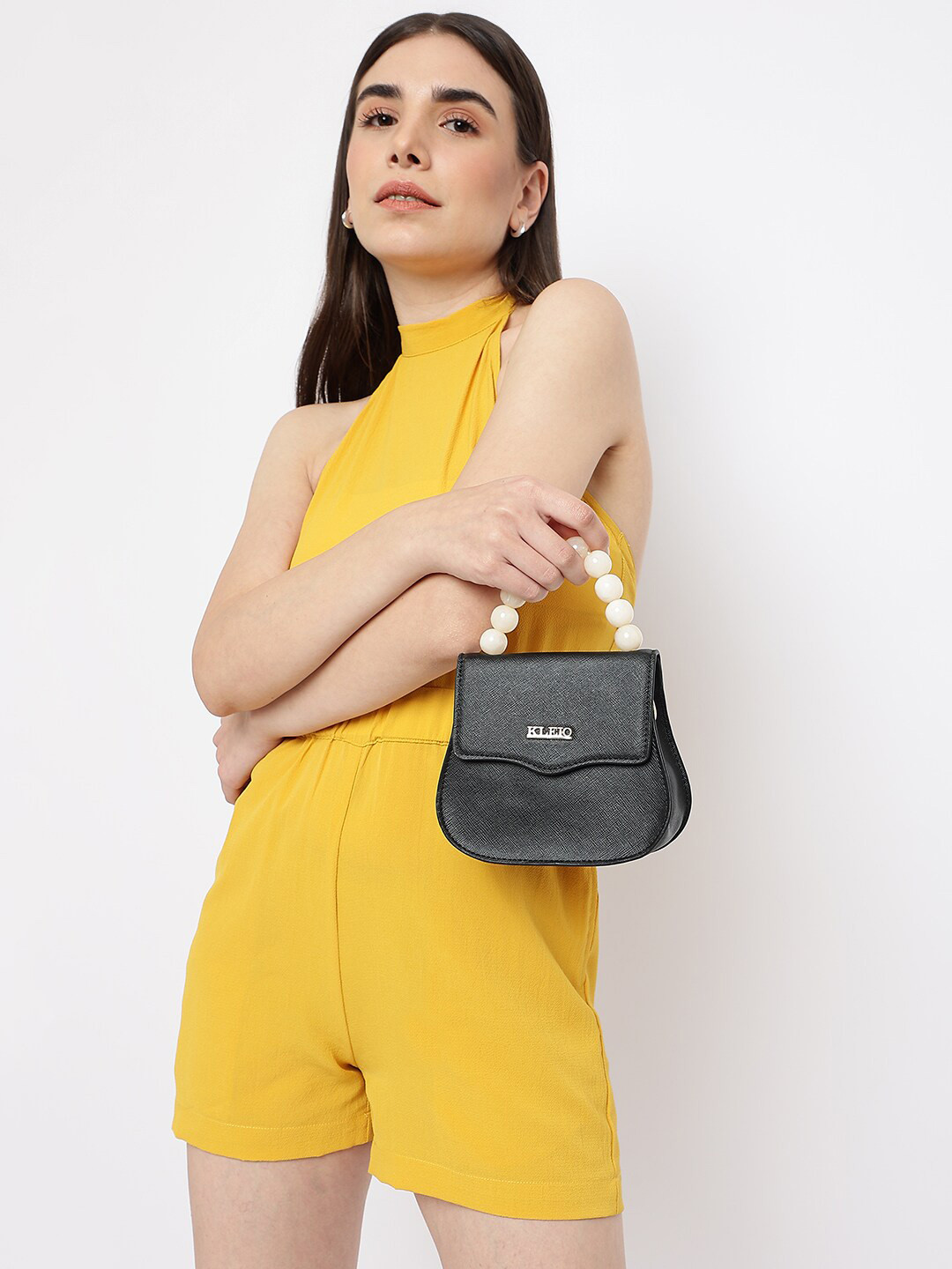 KLEIO Pearl Beaded Top Handle Mini Hand Bag With Sling