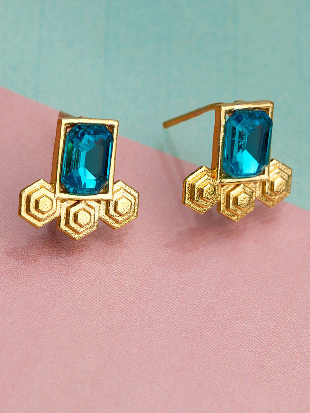 Voylla Gold Plated & Teal Contemporary Studs Earrings
