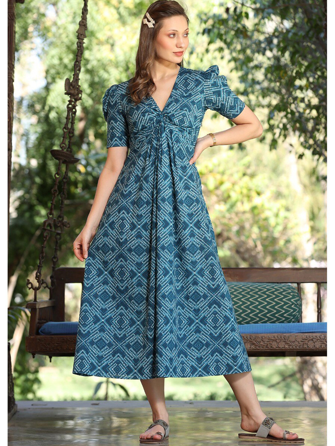 JISORA Teal A-Line Midi Cotton Dress