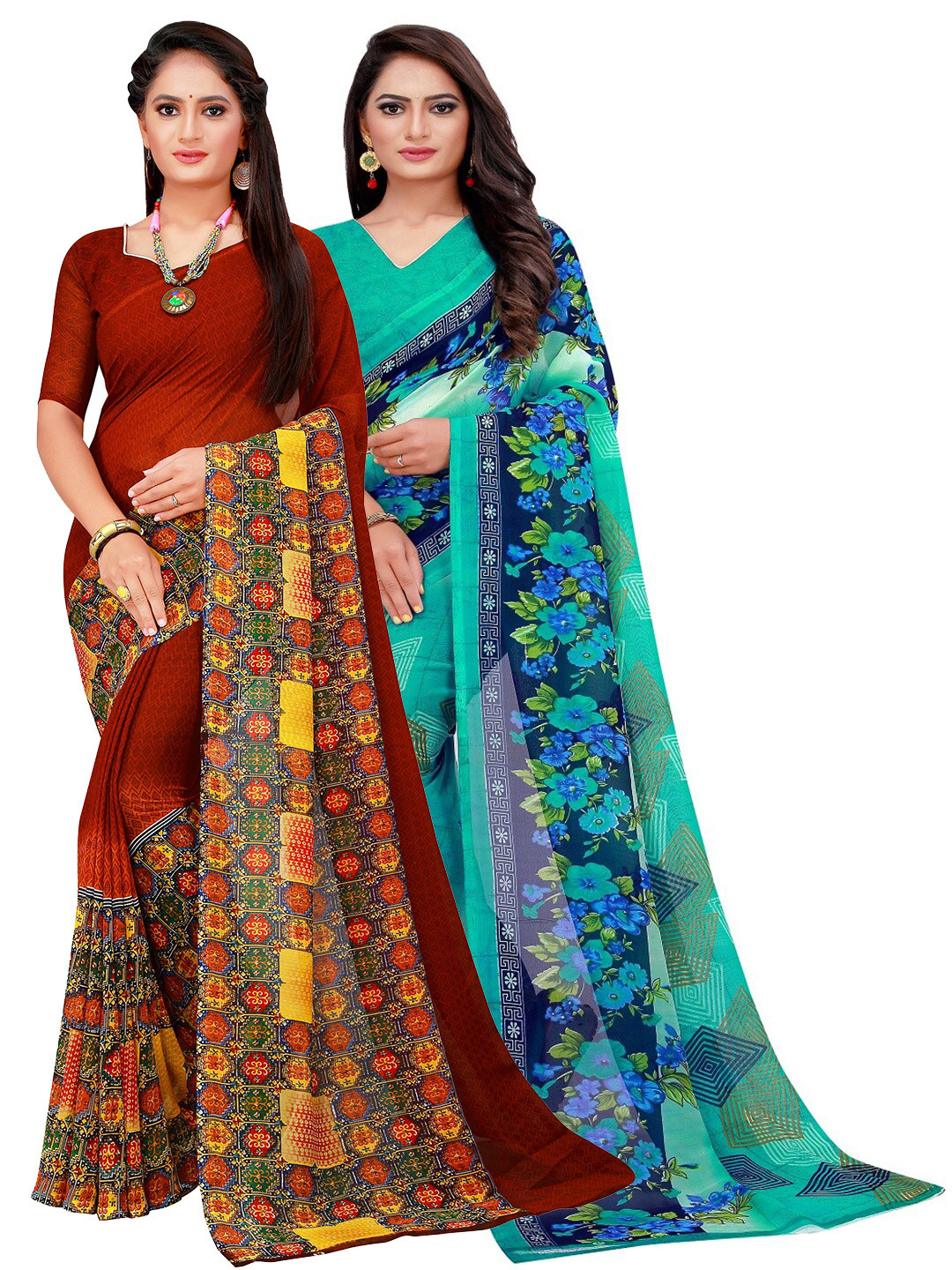Silk Bazar Turquoise Blue & Maroon Pack Of 2 Pure Georgette Saree
