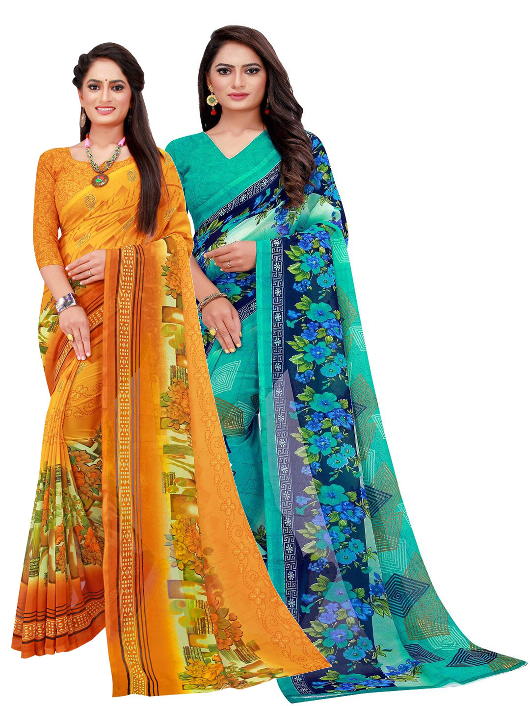 Silk Bazar Pack Of 2 Turquoise Blue & Orange Pure Georgette Saree