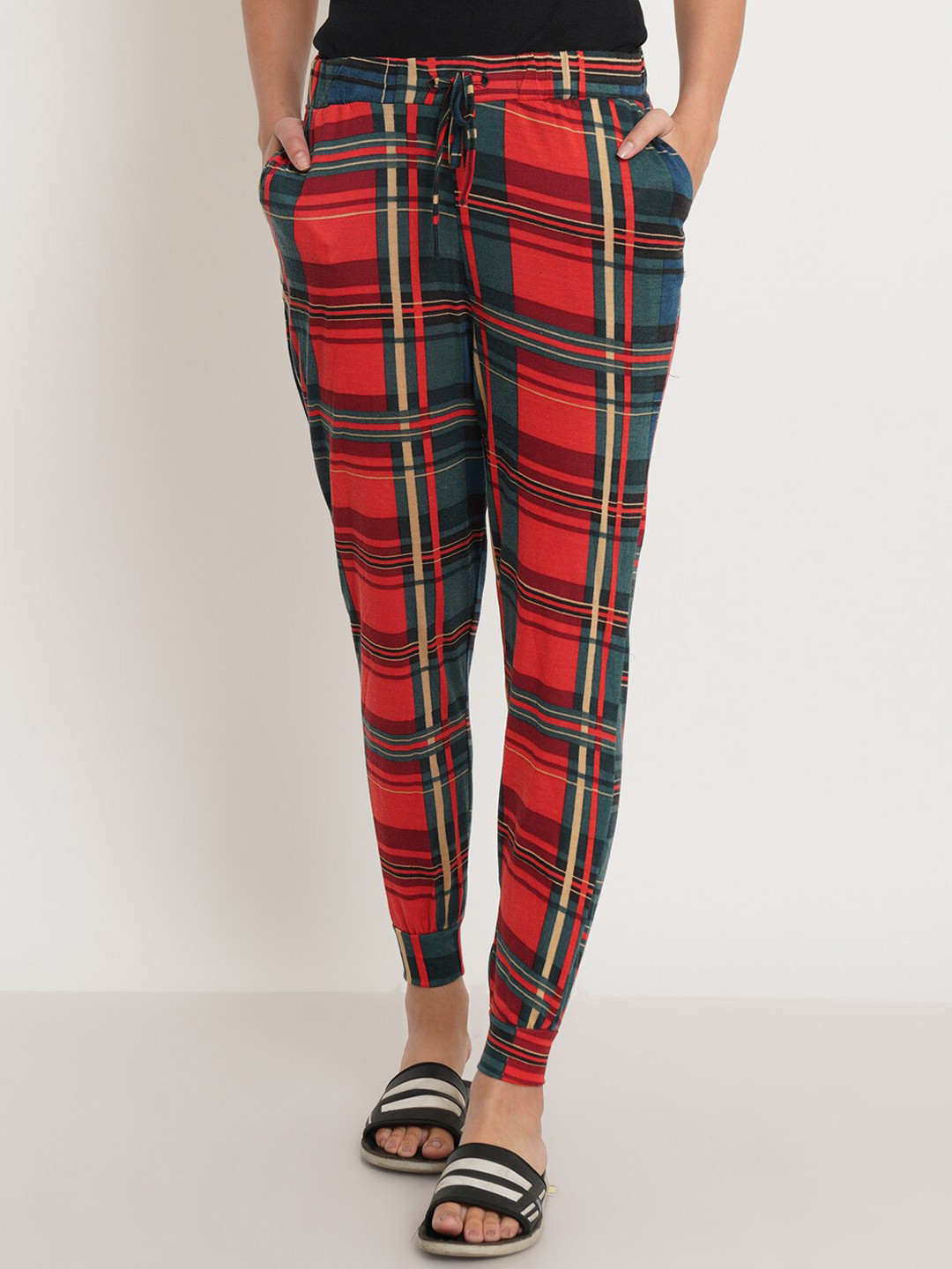 IX IMPRESSION Women Red &  Beige Checked Straight-Fit Joggers