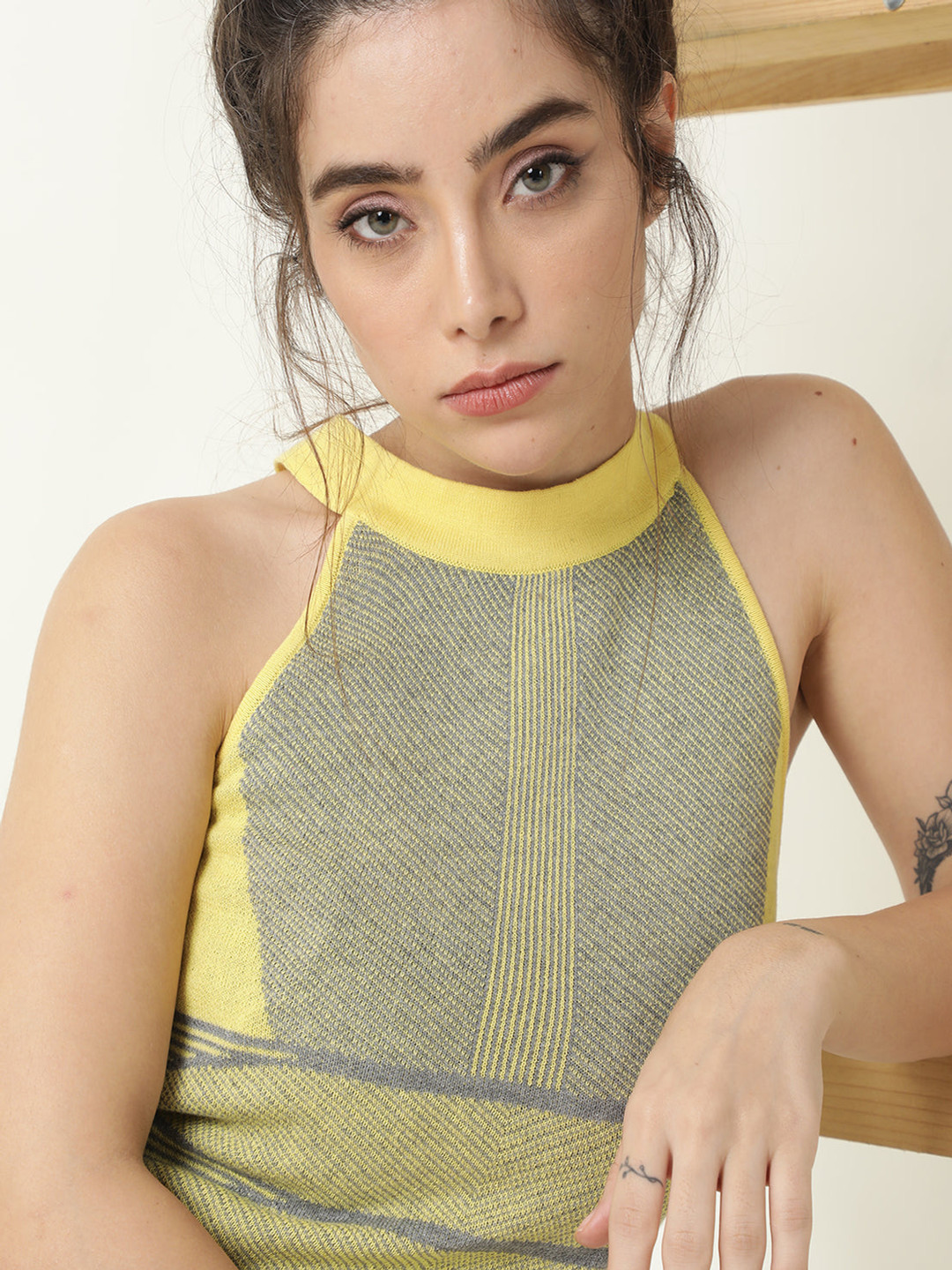 RAREISM Women Yellow & Grey Cable Knit Sweater Vest