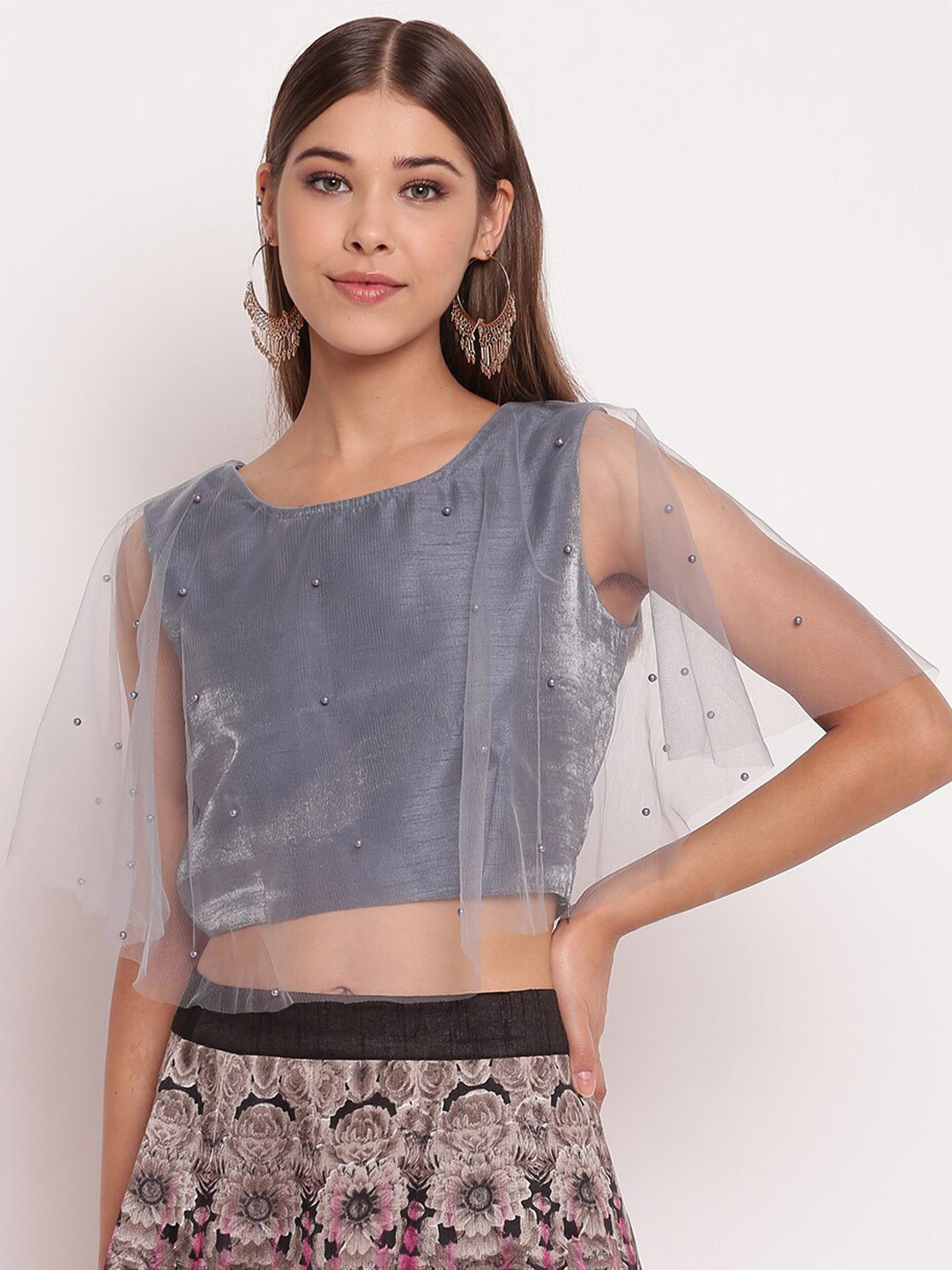 AKIMIA Women Grey Embellished Sheen Crop Top