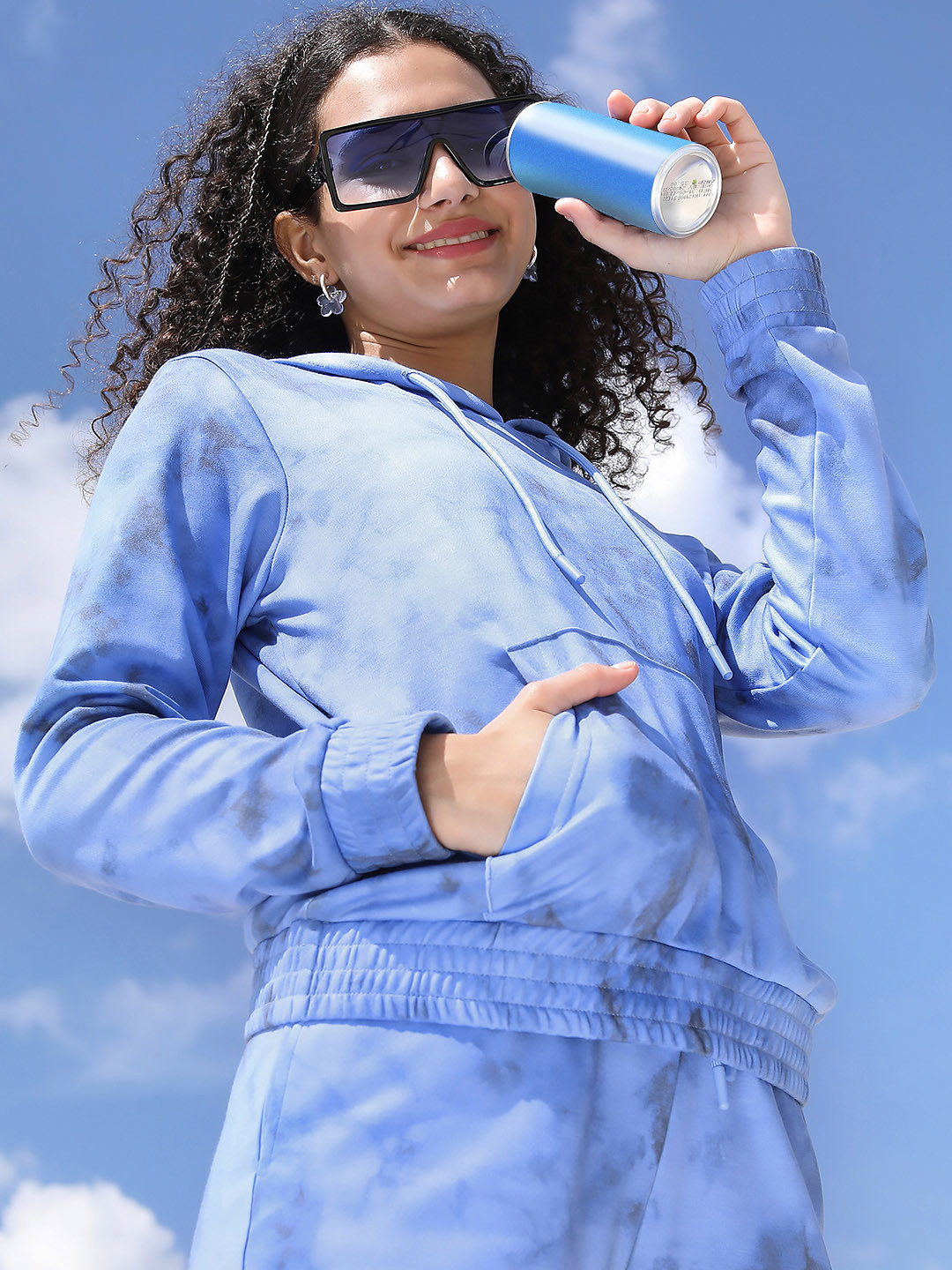 Tokyo Talkies Womens Blue Tie & Dye Printed Hooded Sweatshirt